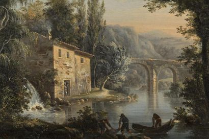 null Isidore DAGNAN (1794-1873)
Paysage avec pont et maison en bord de rivière
Huile...