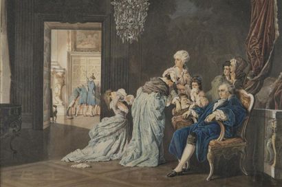 null Octobre 1789, la famille royale arretée pour être conduite à Paris.
Aquarelle...