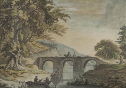 null Guillemette de ROSANCO (1773-1800)
paysage au pont, 
aquarelle et encre sur...
