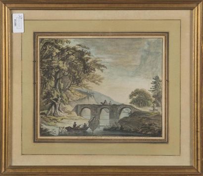 null Guillemette de ROSANCO (1773-1800)
paysage au pont, 
aquarelle et encre sur...