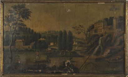 null Ecole française 18ème siècle, 
Paysage, 
huile sur toile (accidents)
32 x 56...