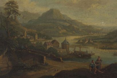 null Ecole française du 18ème siècle
Paysage de bord de rivière avec villages 
Huile...