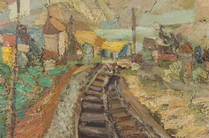 null Gilbert CORSIA (1915-1985)
Le chemin de fer 
Huile sur panneau , signée en bas...