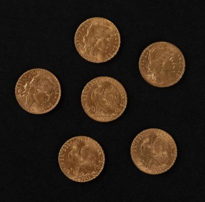 null 6 pièces OR de 20 F . République française. 2 x 1889, 1877, 1876, 1875, 1895....