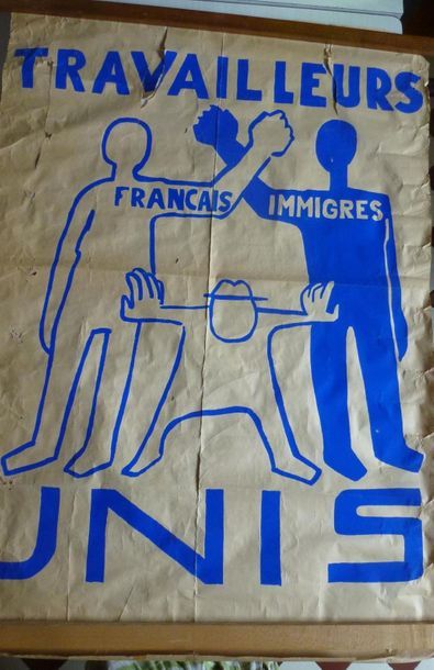 null [MAI 68 AFFICHE] Travailleurs unis français immigrés 
110 x 75 cm (déchirures...