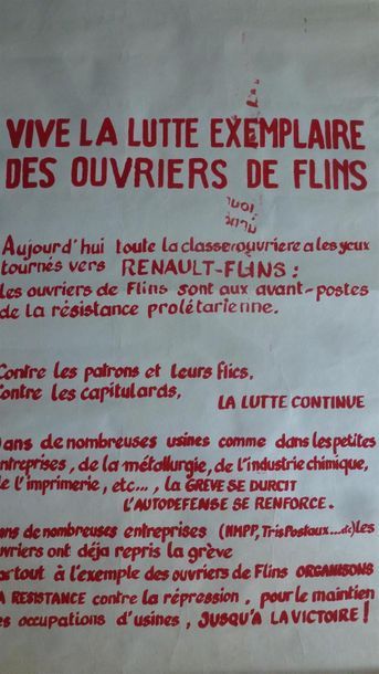 null [MAI 68 AFFICHE] Vive la lutte exemplaire des ouvriers de Flins Cachet ENSA...