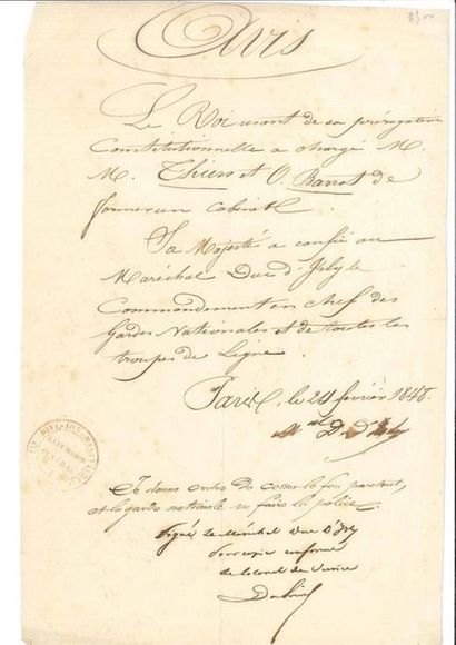 null [REVOLUTION 1848] Billet autographe manuscrit du Maréchal BUGEAUD, 2ème avis...