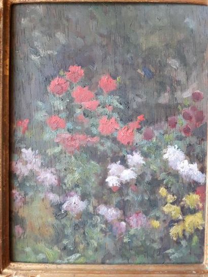 null Hippolyte LETY (1878 - 1959)
Dahlias et chrysanthèmes au jardin
huile sur panneau,...