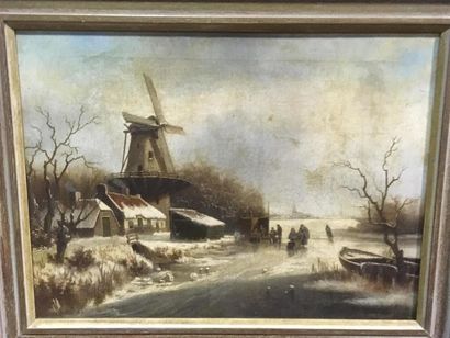 null Ecole hollandaise 1900
Paysage avec lac et moulin 
Huile sur toile
54 x 40 ...
