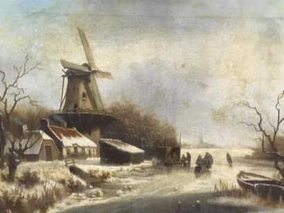 null Ecole hollandaise 1900
Paysage avec lac et moulin 
Huile sur toile
54 x 40 ...