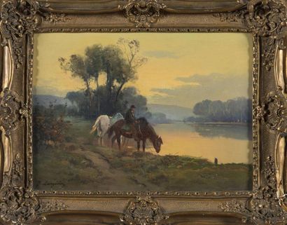 null Brigitte LANGEVIN (20ème siècle)
Chevaux en bord de rivière
Huile sur toile
24...