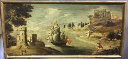 null Italie 18ème Panneau de coffre peint
 Vue de sud de l'Italie avec caravelle
Huile...