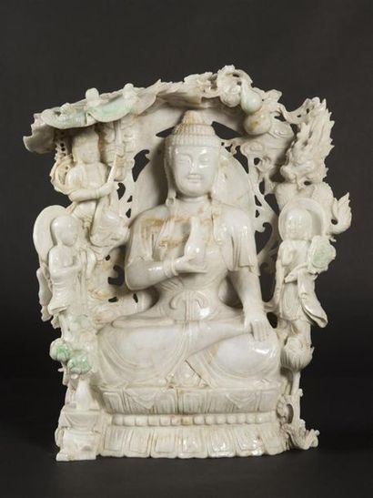null Chine,Important groupe en pierre dure sculptée en relief, bouddha assis entouré...