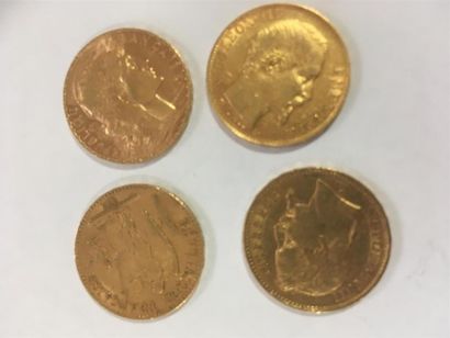 null Quatre pièces de 20 francs en or 1853, 1869, 1907, 1877.