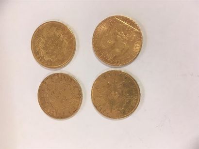 null Quatre pièces de 20 francs en or 1853, 1869, 1907, 1877.