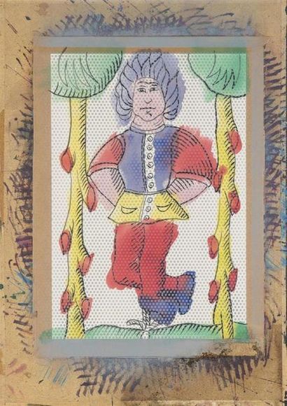 null Jean Pierre HELLE (1944 - Genève 2015) 
Cinq cartes de Tarot marseillais 
Gouache...