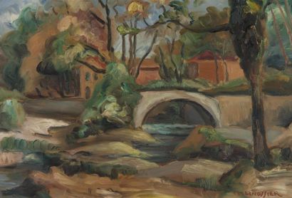 null Claudius LINOSSIER (1893 - 1953)
Paysage au pont
Huile sur isorel
Signée en...