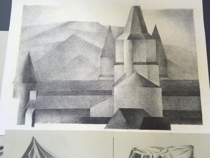 null Jean Pierre HELLE (1944 - Genève 2015) 
5 dessins dont une vue d'architecture...