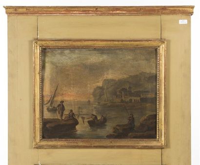 null Trumeau de boiserie en bois laqué vert orné d'une marine sur toile
18ème siècle
148...