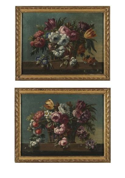 null Fin 18ème
Bouquets de fleurs sur un entablement
Paire d' huiles sur toiles
34...