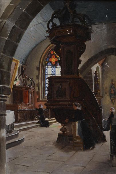 null Gustave BOURGAIN (1855-1921)
Intérieur d'église en Bretagne
Huile sur panneau
Signée...