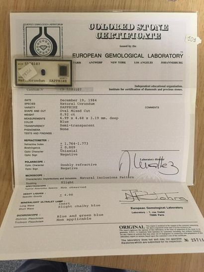 null Deux Saphirs de 0,92 carat. Certificat EGL n°3010500 en date du 31 janvier 1983...