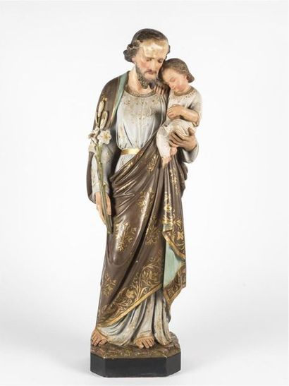 null Saint Joseph et l'Enfant Jésus 
Sculpture en plâtre patiné polychrome
19ème...