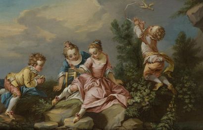 null François BOUCHER (entourage) 18ème siècle
La chasse aux oiseaux , 
huile sur...