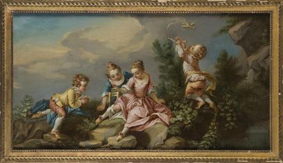 null François BOUCHER (entourage) 18ème siècle
La chasse aux oiseaux , 
huile sur...