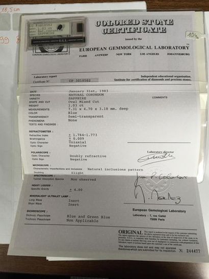 null Saphir 1,03 carat. Certificat EGL n°3010502 en date du 31 janvier 1983 EXEM...
