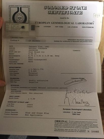 null Saphir 0,95 carat. Certificat EGL n°3010493 en date du 31 janvier 1983 EXEM...