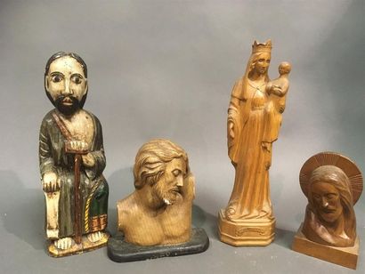 Lot de sculptures religieuses en bois : Vierge,...