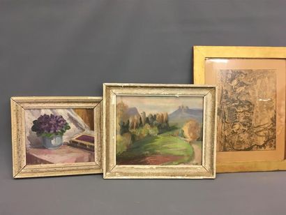 null Lot de 3 pièces encadrées 
G. LARROY paysage 33 x 40 cm
Nature morte
Gravur...