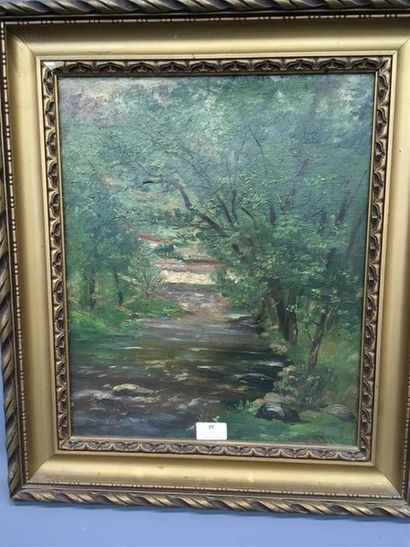 null Paysage de bords de rivière, huile sur toile 
Signée vers 1900
44 x 35 cm