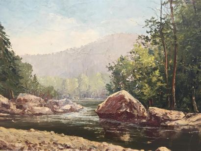 null F RIBE
Paysage de bord de rivière 
Huile sur toile
Signée 
59 x 83 cm
(étiquette...