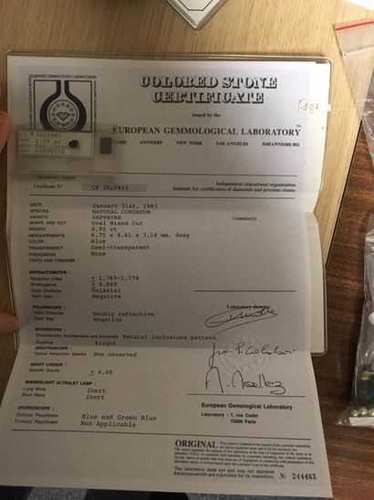 null Saphir 0,95 carat. Certificat EGL n°3010493 en date du 31 janvier 1983 EXEM...