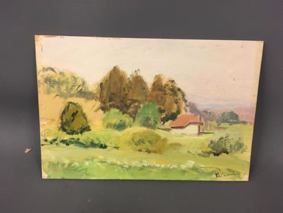 null Pierre THEVENIN (1905-1960) 
Le Hameau 
 Huile sur carton 
18 x 27 cm