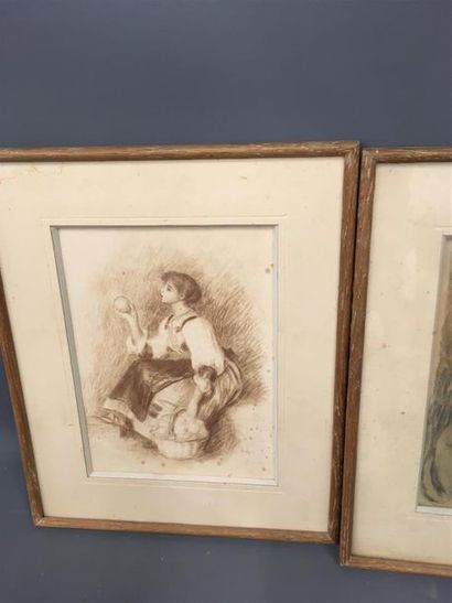 null Deux pièces encadrées d'après Renoir 
Jeune fille au chapeau de paille, femme...