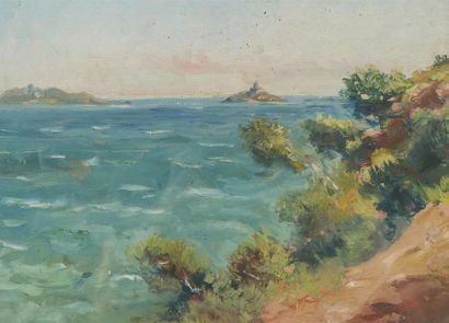 null Joseph HUVEY (1844-1919) 
Vue de Méditerranée 
paysage 
Panneau double face...