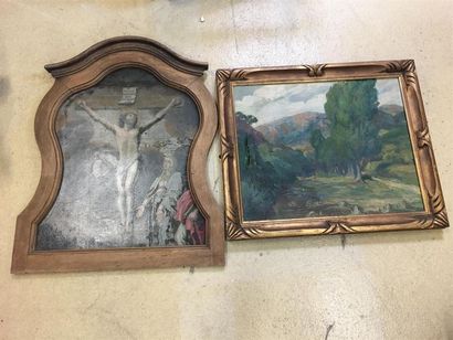 null Deux pièces encadrées Christ et Huile sur toile accidenté
Paysage : 60 x 70...