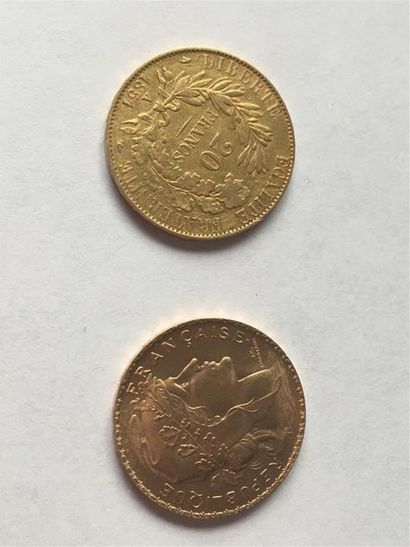 null Deux pièces de 20 francs or , une de 1851( Merlet ), une de 1910