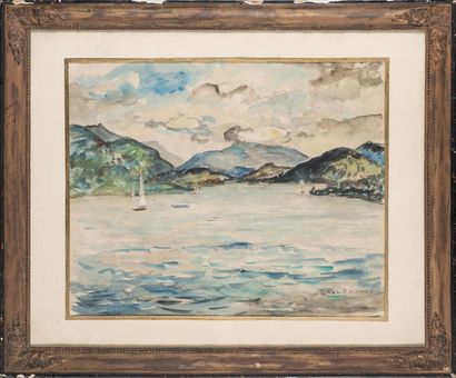 null LALLEMAND, 
vue du lac du Bourget, 
aquarelle signée en bas à droite 
45 x 55...
