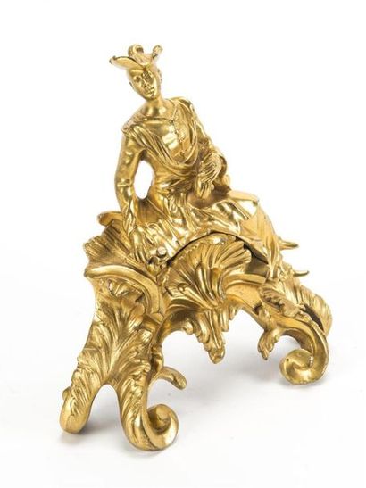 null Paire de chenets en bronze doré à décor d'un couple 
Style Louis XV
H : 28 L :...