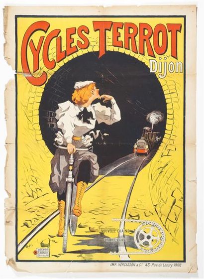null PLOUZEAU - Cycles TERROT Dijon Imp. Vercasson & Cie. 160 x 117 cm. Fond jaune....