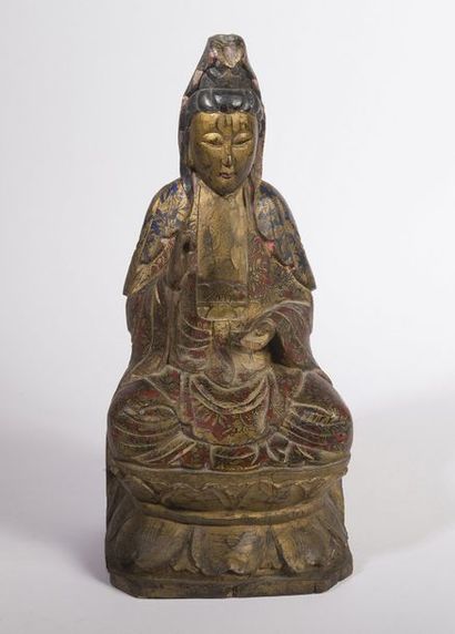 Bouddha assis (Virtaka mudra) en bois sculpté...