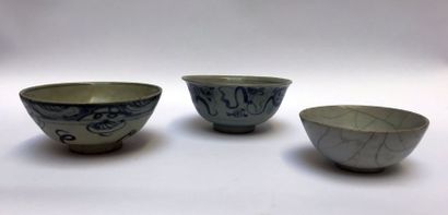null Ensemble de trois bols en porcelaine à décor en bleu sous couverte de motifs...