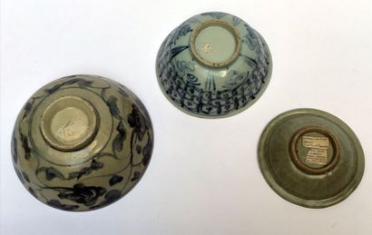 null Ensemble de trois bols en porcelaine à décor en bleu sous couverte de motifs...