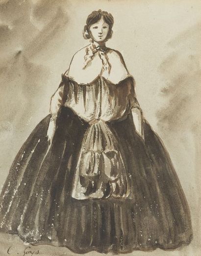  Constantin GUYS (1802/05-1892). 
Élégante en robe noire. Dessin à l’encre et lavis...