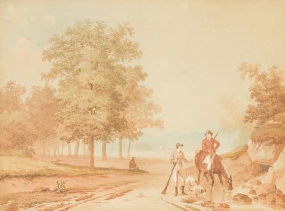  Louis GADBOIS (1770-1826). 
La halte pendant la chasse. Aquarelle et encre, signée...