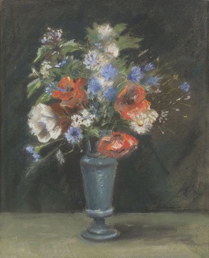 null ÉCOLE française du XIXème siècle.

Bouquet de fleurs dans un vase bleu. Pastel....